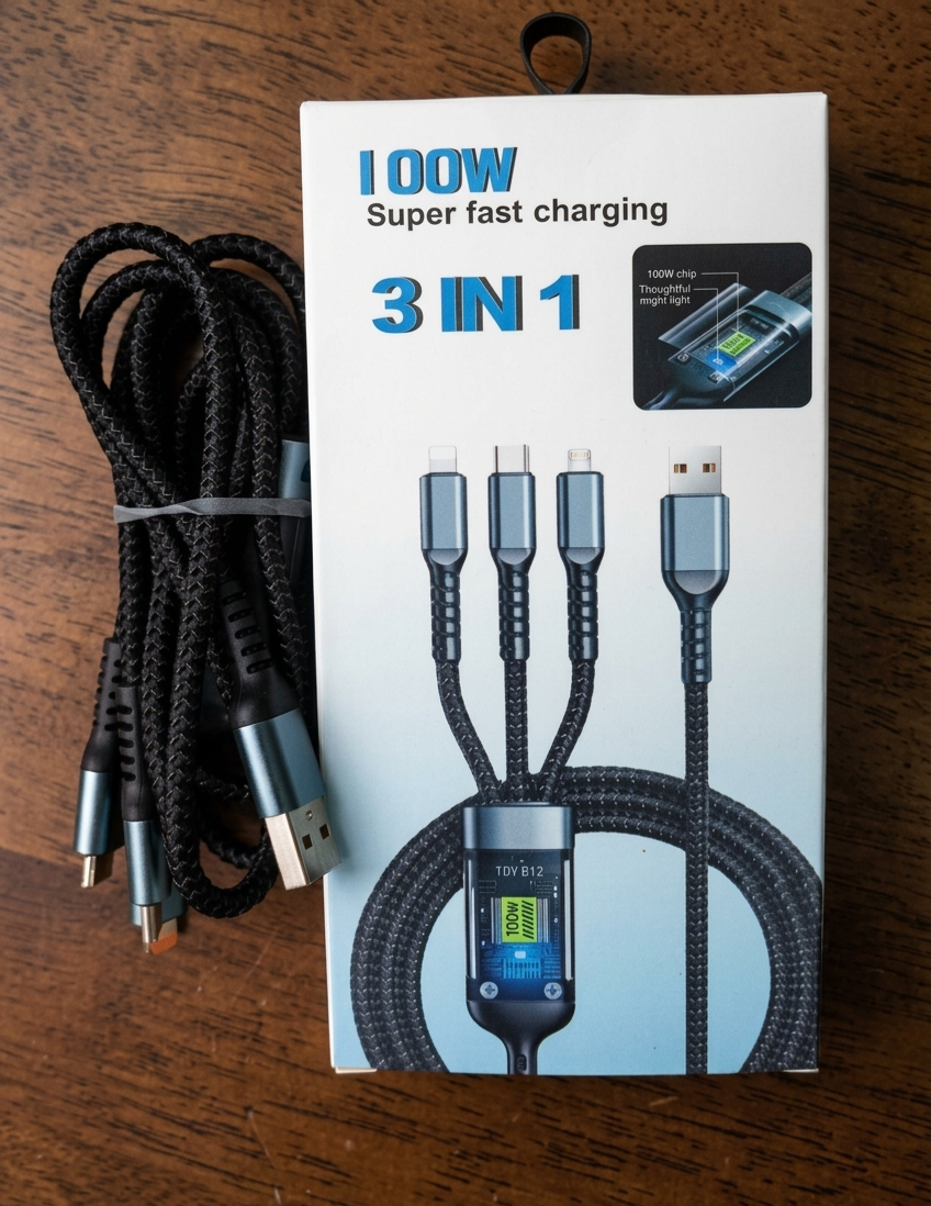 100W 3-in-1 nylon braided fast charging cable, Lightning, USB-C, and Micro-USB connectors