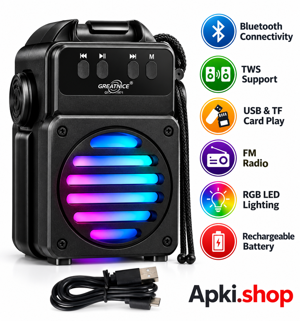 Wireless Bluetooth Speaker with TWS & RGB LED Lights – Greatnice GTS-1971
