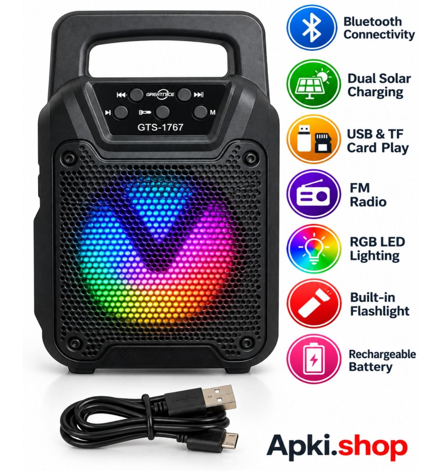 Portable Solar Bluetooth Speaker with Dual Foldable Solar Panels & RGB LED & Flashlight – GTS-1767