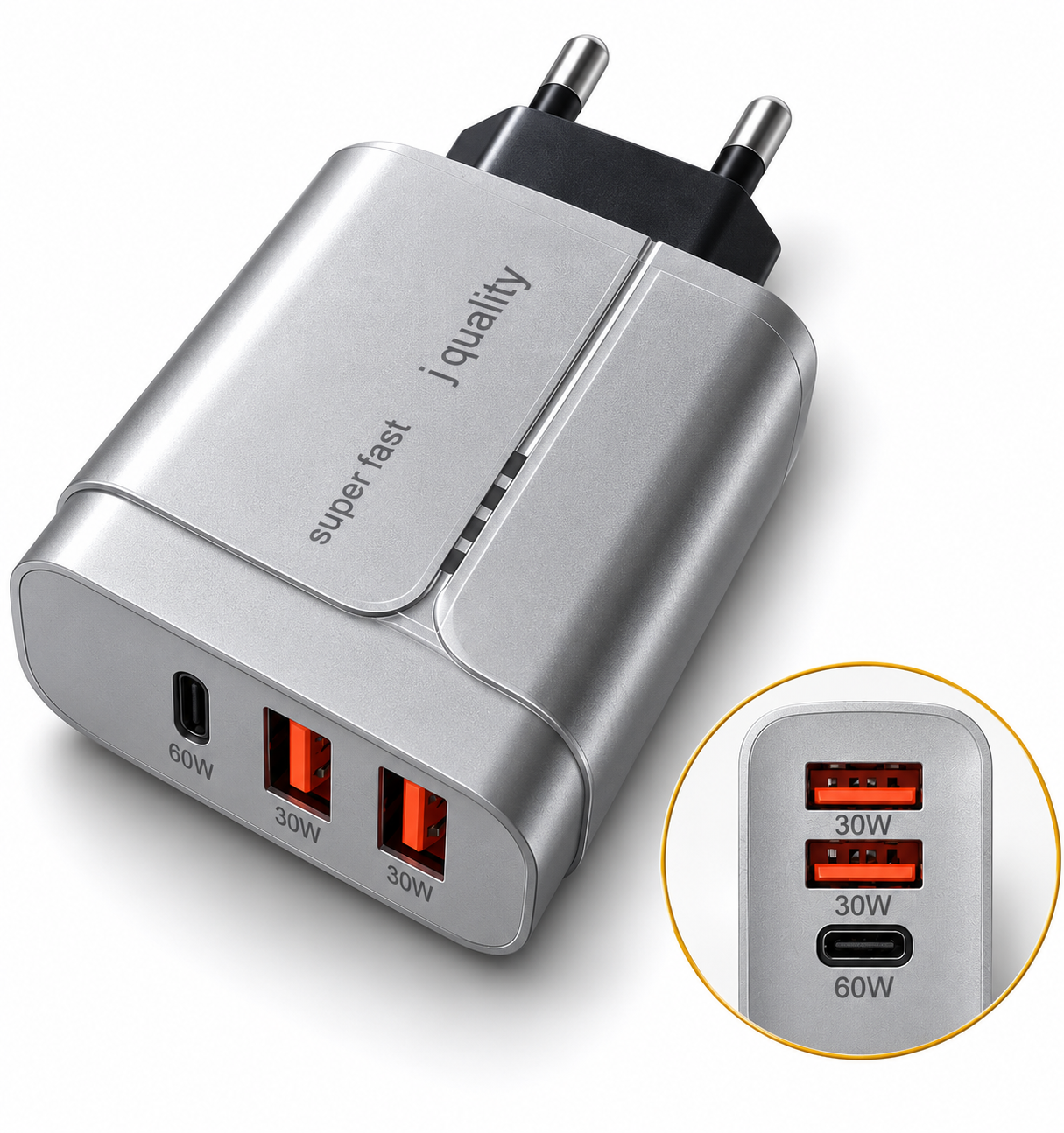 60W Fast Wall Charger with 2 USB Ports & 1 Type-C Port