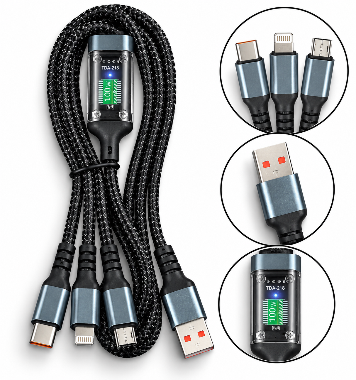100W 3-in-1 Fast Charging Data Cable with Digital Display – TDA-218
